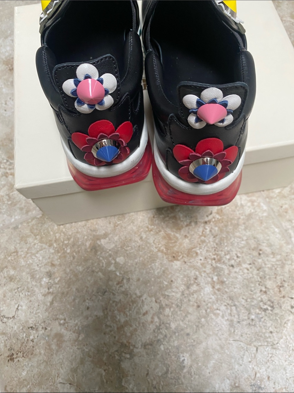 Fendi Black Leather Slip-On Sneakers with Multicolor Floral Appliqués - Picture 8 of 10